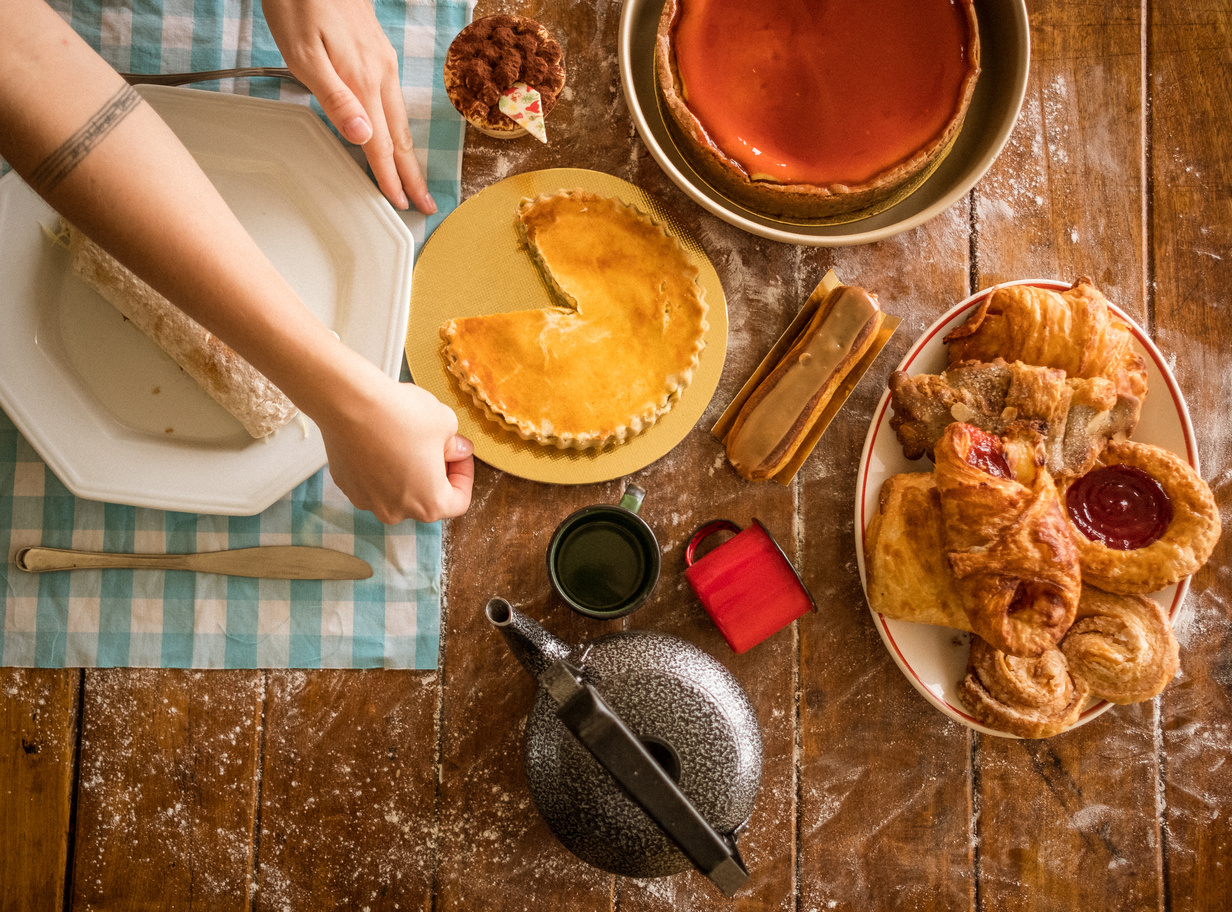 Baked Goods and Desserts on Wooden Surface