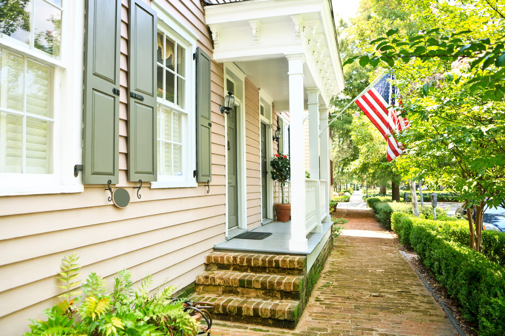 Brick Sidewalk, Historic Homes and American Flag